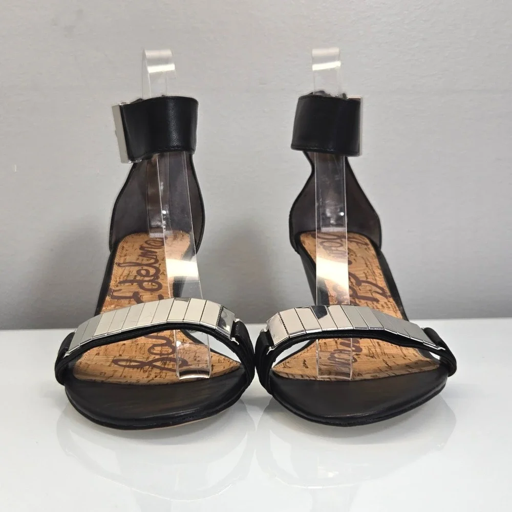 Sam Edelman Serena Wedge Sandals 7.5 Black Leather Silver Metal Indie Sleaze Y2K